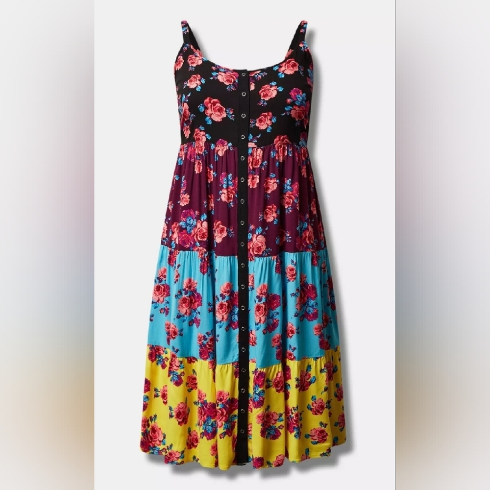 Torrid Betsey Johnson Pink and Black Floral Tiered Midi Sundress size 5